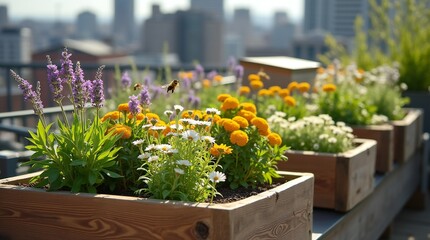 Urban Rooftop Garden with Pollinator-Friendly Flowers and Beekeeping Area