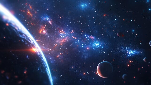 2D illustration depicted in a 3D cartoon style A deep interstellar space backdrop features bright flashing stars planets moons and comets showcasing various imaginative science fiction settings Sp