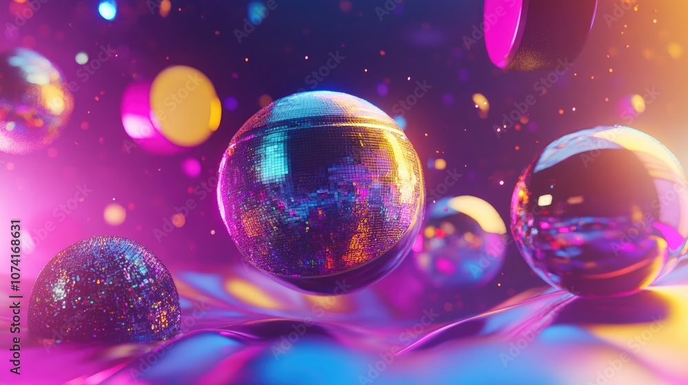 Poster Abstract 3D image of a disco planet featuring a cartoon rendering in a space setting