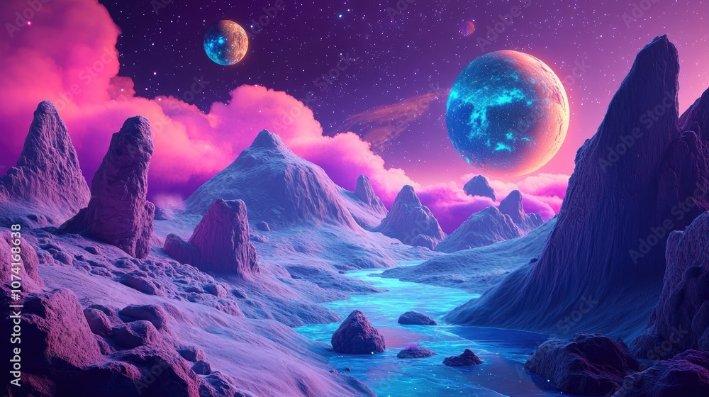 Poster a vivid and surreal spacescape rendered in 3d cartoon style