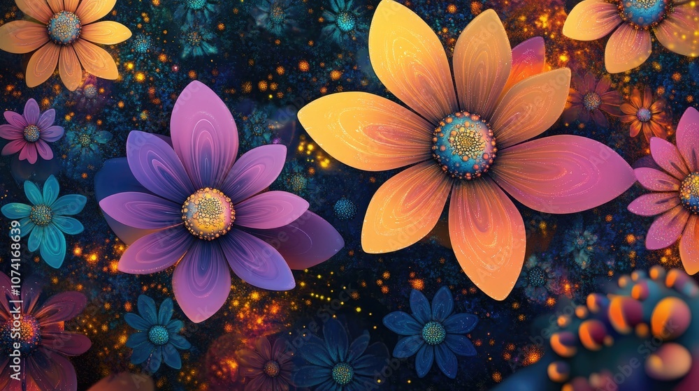 Leinwandbilder Abstract fractal background featuring large space flowers surrounded by intricate decorative geometric patterns of stars and smaller flowers rendered in 3D cartoon style with vivid vibrant colors