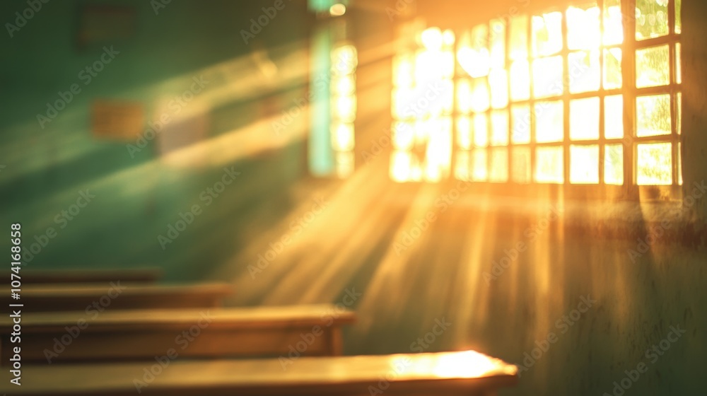 Poster soft sunlight streams through the window, highlighting the empty desks in a tranquil classroom durin