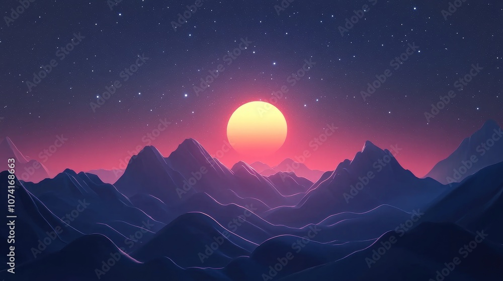 Poster beautiful view of a starry sky over mountains at night in 3d cartoon rendering