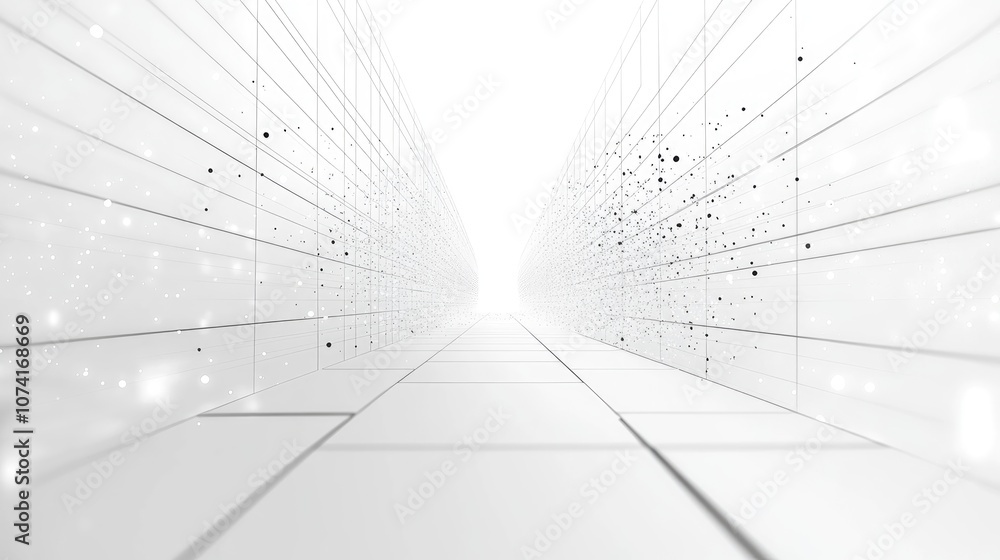 Fototapete White abstract background featuring a 3D cartoon rendering of a high tech network cyberspace grid and a starry outer space texture 3D illustration