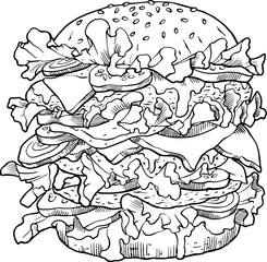 Giant burger tower with multiple layers of patty, cheese, lettuce, and tomato on a white background. Can be used for restaurant or snack bar advertisements, food blogs, menus, or social media posts