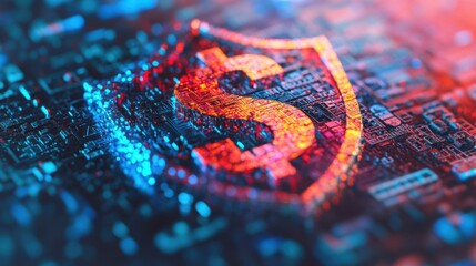 Obraz premium A glowing dollar sign embedded in a shield over a digital circuit board, symbolizing financial security, fintech, and data protection.