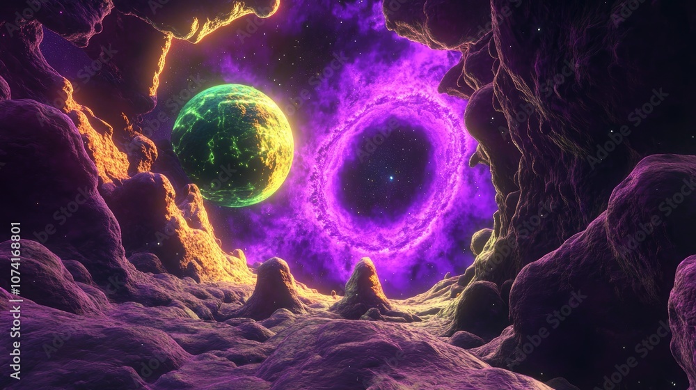 Aufkleber colorful fractal nebula with planet in a 3d cartoon space background
