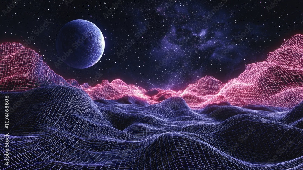 Poster abstract landscape depicted in a 3d cartoon rendering featuring a dark background with a star horizo