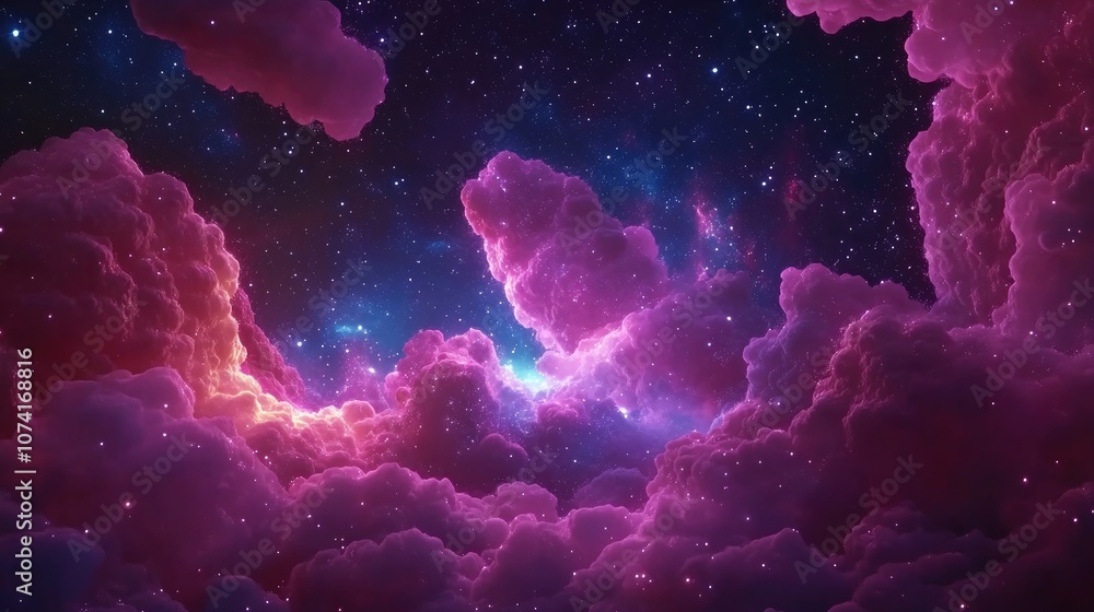 Poster Scientific background featuring a 3D cartoon rendering of a glowing nebula and stars in a mysterious deep space universe
