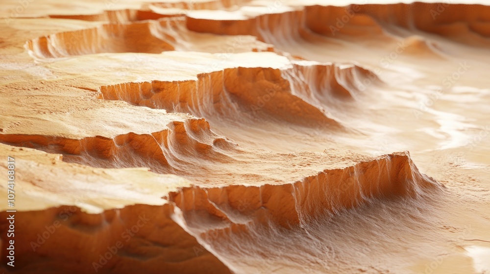 Poster 3D cartoon representation showcasing the surface of a red planet featuring faults and craters in the topography along with a desert viewed in infrared light and a space themed textured backdrop