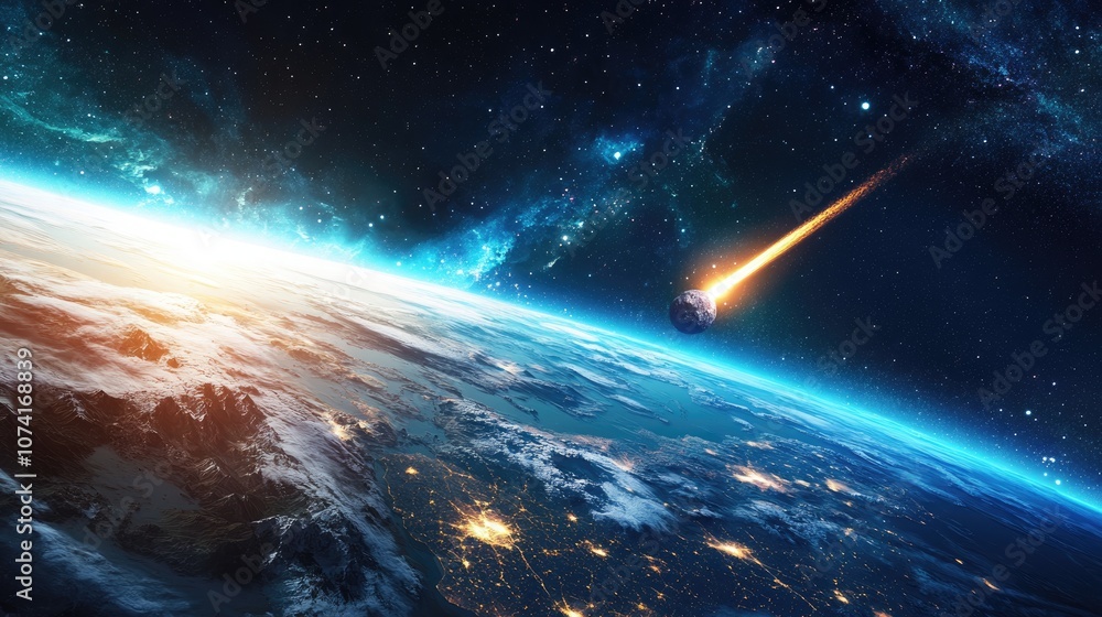 Poster aerial view from space of a comet meteor deep impact on planet earth rendered in 3d cartoon style