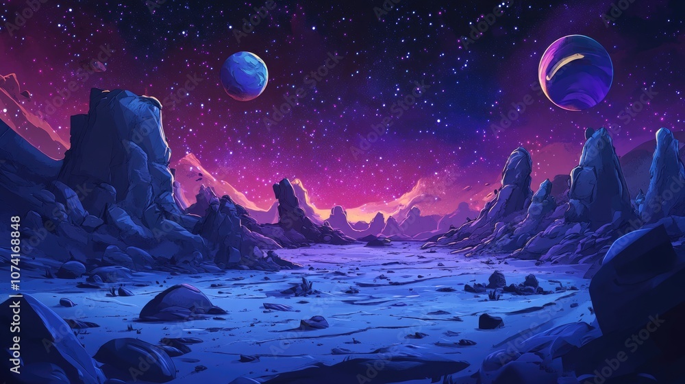 Poster 2D illustration featuring a 3D cartoon rendering of a deep vast space scene Bright stars planets and moons create various science fiction backdrops Space art depicting alien solar systems and dist