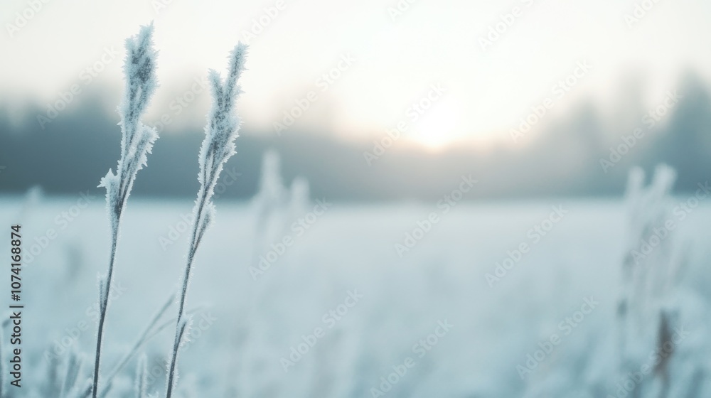Poster frost-covered grasses sparkle in a chilly winter field enveloped in mist as dawn breaks, creating a 