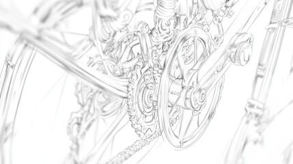 Realistic line art of a vintage bicycle, intricate details in wheels and frame, drawn on white