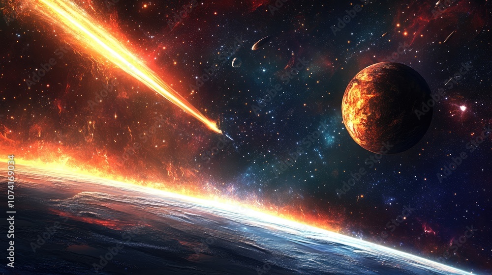 Poster Stars of a planet and galaxy in a 3D cartoon rendering within free space featuring a meteor and meteorite against a dark red and blue backdrop