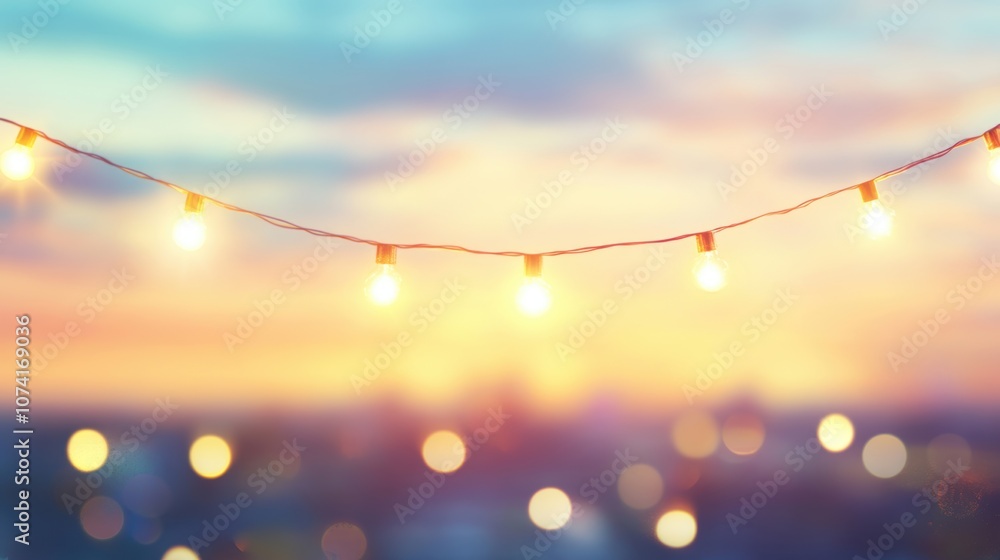 Poster twinkling golden string lights illuminate a serene twilight sky, creating a warm atmosphere over the