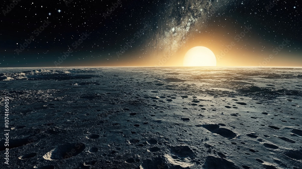 Poster curved horizon of a barren crater filled planet against a starry sky in 3d cartoon rendering evoking