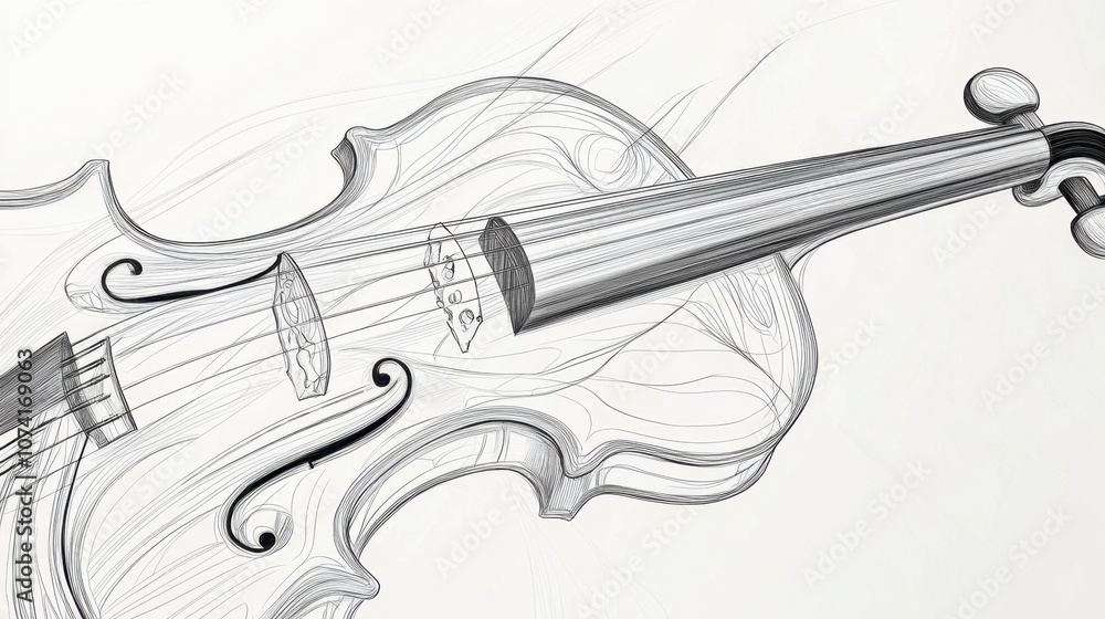 Fototapete realistic line art of a violin, each string and curve drawn with precision on white