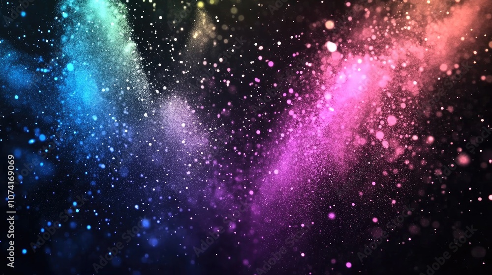 Fototapete Abstract powder splatted background with a freeze motion effect of colorful powder explosion featuring a 3D cartoon rendering of color glitter texture on a dark backdrop