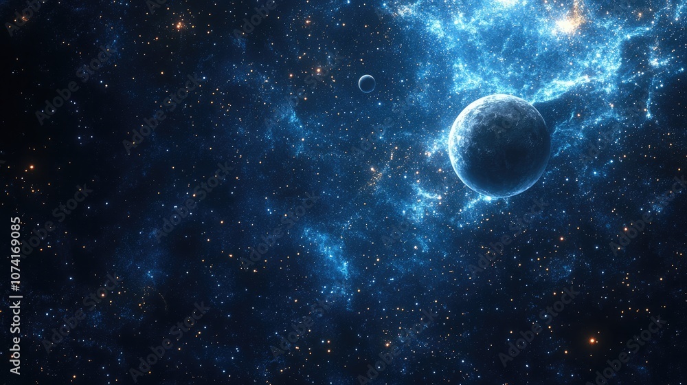 Leinwandbilder 2D illustration with a 3D cartoon rendering in a realistic star pattern background featuring deep interstellar space Bright stars planets and moons create various imaginative science fiction backd