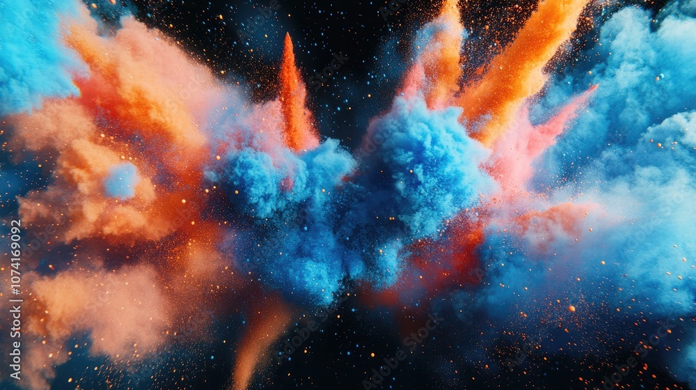 Poster blue powder explosion on a black background featuring a colorful dust cloud in a 3d cartoon renderin