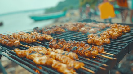 Savory skewers of grilled meats sizzle on a barbecue grill by the beach, surrounded by beautiful scenery and a relaxed atmosphere