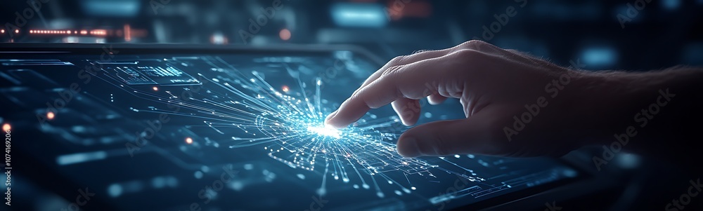 Fototapete a hand touches a glowing interface, surrounded by vibrant particles, symbolizing interaction with ad