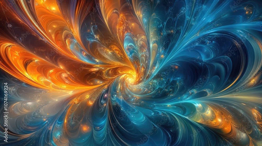 Poster Artistic fractal shapes backdrop in a 3D cartoon rendering Abstract colorful cosmic background with a splash texture Blue light illustration