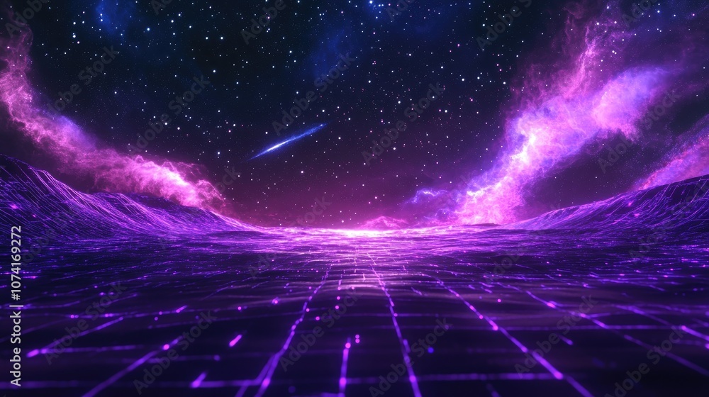 Aufkleber Abstract ultraviolet landscape featuring a dark background with a purple cyberspace grid showcasing a hi tech network and violet starry outer space texture in a 3D cartoon rendering