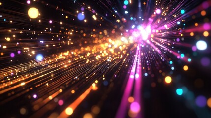 Blurred lights extended into threads in a 3D cartoon rendering set against a black background with long shutter exposure at night