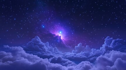 Winter night sky featuring a 3D cartoon rendering of the purple Orion nebula and the bright blue Rigel star diffused through clouds captured in a long exposure photo
