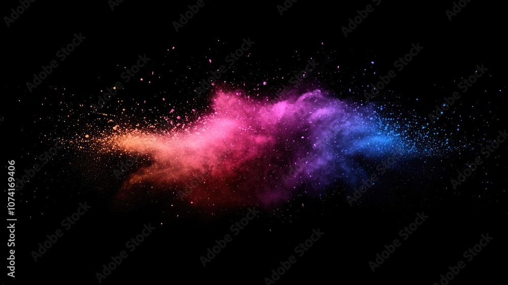 Aufkleber Abstract powder splatted background with a freeze motion effect of colorful powder explosion featuring a 3D cartoon rendering of color glitter texture on a dark backdrop