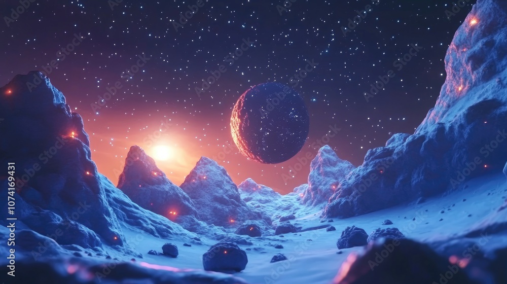 Poster cartoon rendering of outer space with stars in 3d