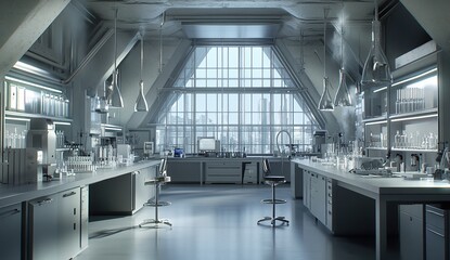 A modern, sleek laboratory with large windows overlooking a city skyline. The lab is equipped with various scientific equipment, including beakers, flasks, and a computer.