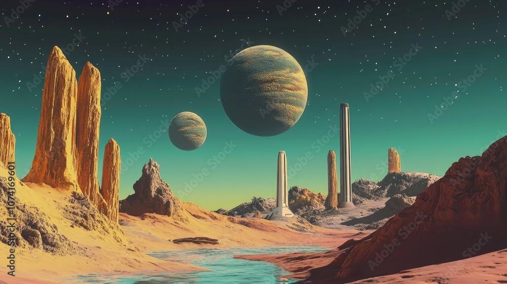 Poster Alien planet landscape in a 3D cartoon rendering featuring a science fiction illustration and a stunning view from a beautiful planet against a captivating space background