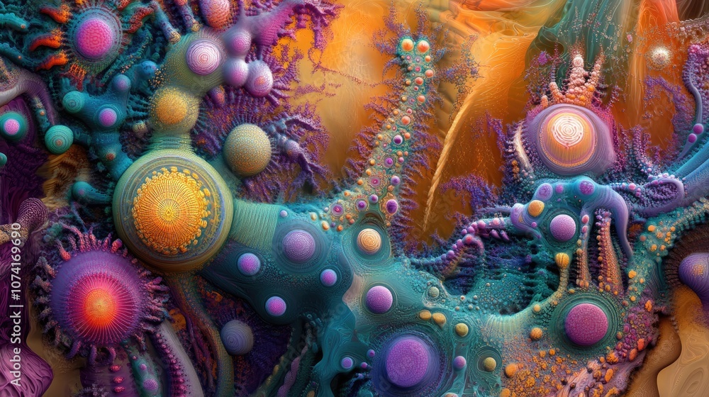 Poster Abstract fractal patterns and shapes in a 3D cartoon rendering Infinite universe