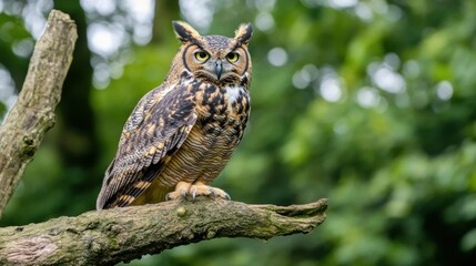 Obraz premium The great horned owl sits elegantly on a tree branch, scanning its lush surroundings with keen, focused eyes