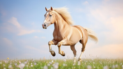 Obraz premium Golden Palomino Horse Galloping Through a Field of Daisies: A majestic palomino horse with a flowing mane and tail bursts into a gallop across a field of white daisies.