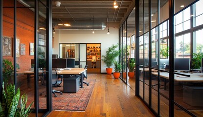 Fototapeta premium Modern office space with glass partitions, hardwood floors, and plants.