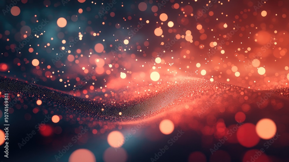 Fototapete Particles and surface grid illustrated in a 3D cartoon rendering featuring a backdrop effect of shallow depth of field and numerous glowing particles with bokeh computer generated