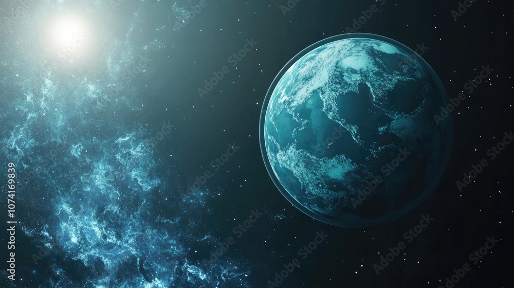Poster Exoplanet with atmosphere and blue nebula in 3D cartoon rendering