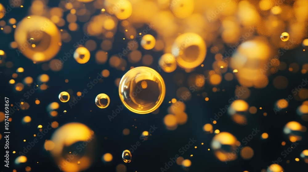 Poster Many yellow bubbles on a dark background in a 3D cartoon rendering