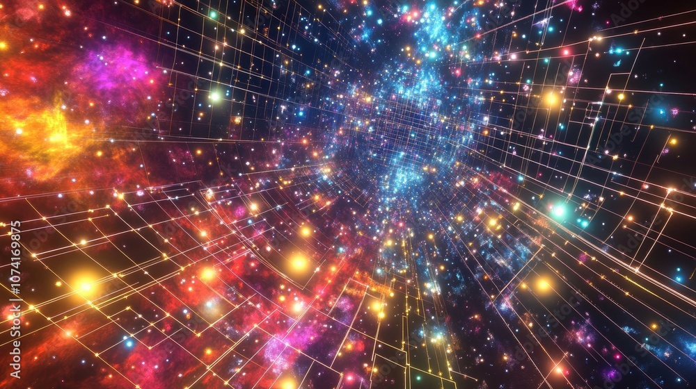 Poster Rendering of a 3D cartoon depicting a Space Pathway series featuring a backdrop of grids nebulas and vibrant colors related to astronomy physics cosmology and space communications