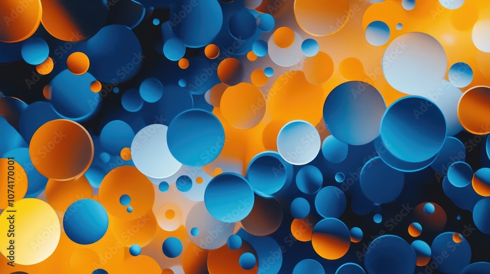 Aufkleber Mixing water and oil in a 3D cartoon rendering featuring a stunning abstract background with blue and orange circles and ovals showcasing macro abstraction
