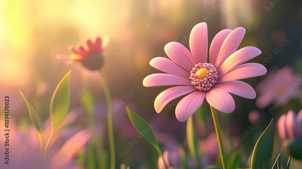 Poster Summer pink flower on a blurred background in a 3D cartoon rendering