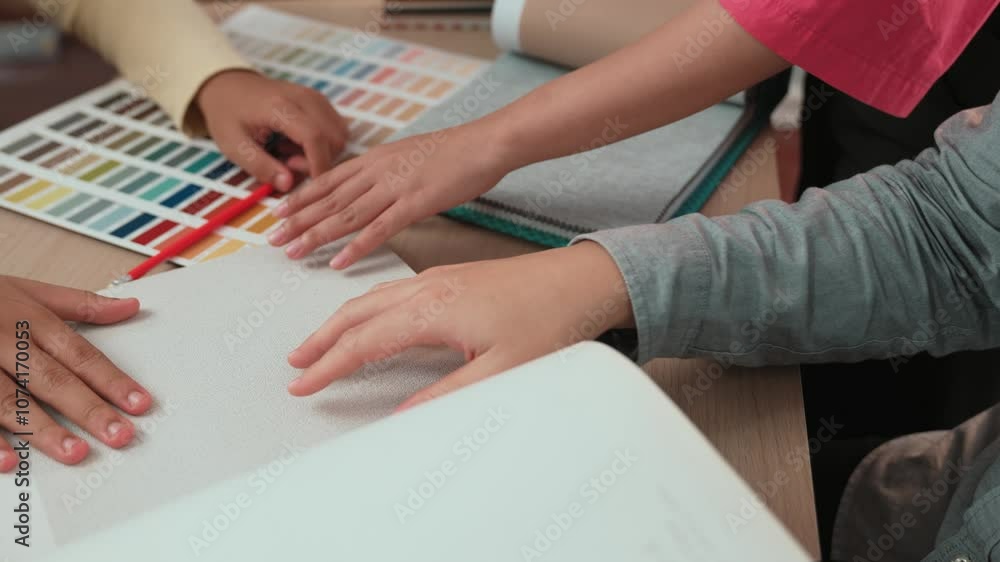 Poster slow motion hand closeup architect and interior designer presenting textile material and color from 
