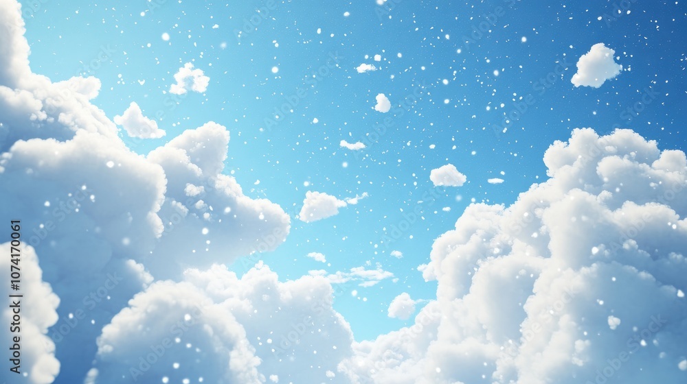 Poster 3d cartoon rendering showcasing a bright blue sky with light clouds and snowfall