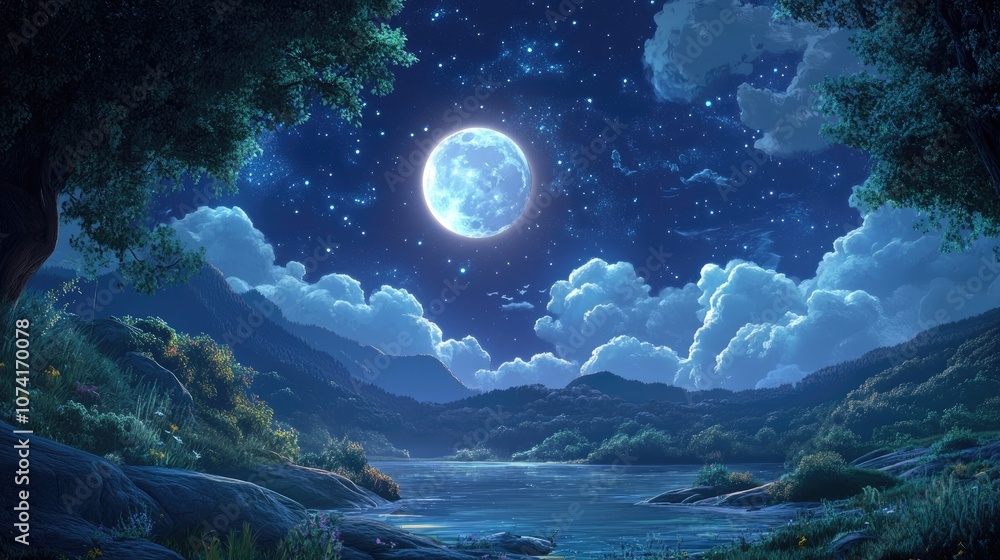 Poster cartoon rendering in 3d of a moonlit night scene