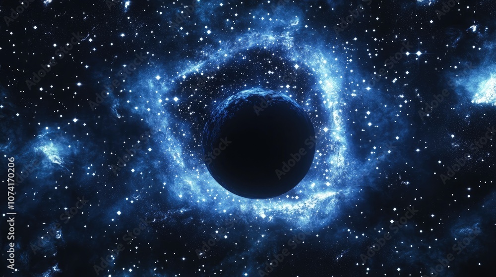 Poster 3d cartoon depiction of a black hole surrounded by shiny stars in a deep cold space with a blue nebu