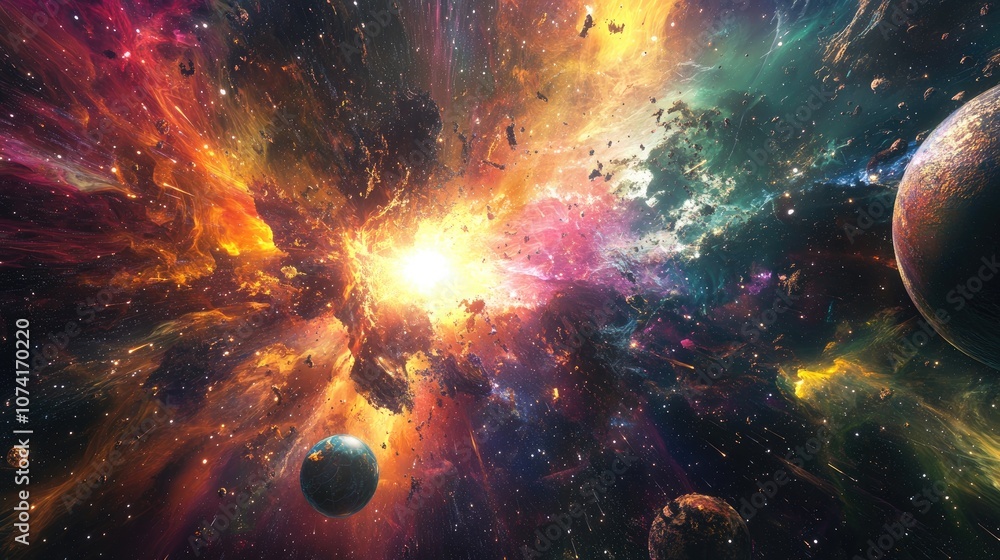 Poster Spectacular multicolored illustration featuring particles and rays accompanied by abstract forms and planets depicting a science theme with an explosion of stars in space created through 3D cartoo